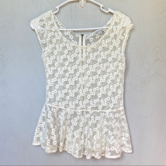 American Eagle Cream Sheer Lace Peplum Top | Boho Style | Sleeveless - Picture 1 of 3